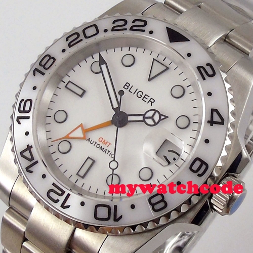 40mm BLIGER white dial GMT date window sapphire automatic mens watch