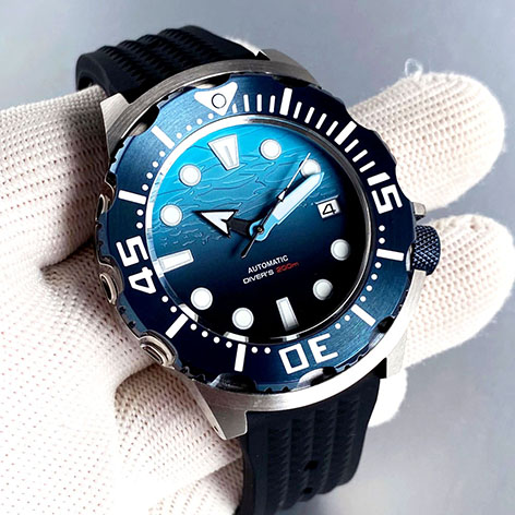 Blue Dial Monste Automatic Men Watch NH35A Movement 120 Click Bezel 3.8 Crown Waffle Band Luminous Marks 200m Waterproof
