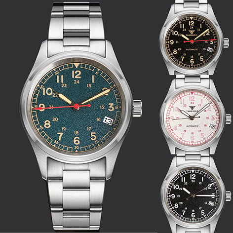 Tandorio Small Men Watch NH35A Movement Pilot Arrow Red Hand Gold Number 36mm Field Watch 20bar Waterproof Wristwatch