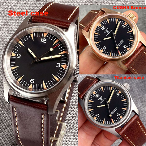Tandorio Stainless Steel/CUSN8 Real Bronze/T2 Titanium Case 36mm Pilot Watch Men NH35 Movement 20ATM Waterproof Black Dial Leather Band Luminous Marks