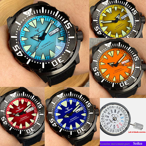 Black PVD Monste Mechanical Men Watch NH36A Movt Sapphire Glass Luminous Diver 200m Wristwatch Black Hand Rejor 120 click Bezel