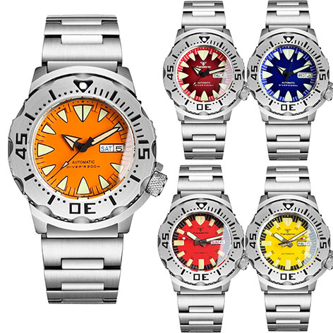 20bar Tandorio Monste Diver Steel Mechanical Men Watch Blue/yellow/Red NH36A Movement Steel Bracelet Strap Sapphire Glass