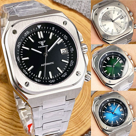 100M Waterproof 42mm Mechanical Watch Men NH35 Rotating Chapter Ring Green Blue Black Sunburst Dial Lume Rubber Strap Glass Back