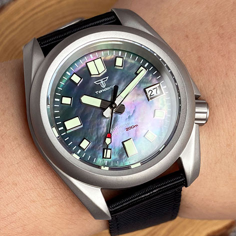 Tandorio 40mm Automatic Men's Watches White/Black MOP Dial Frosted Case Green Luminous NH35A Movement Watch 200m Waterproof Nylon Band