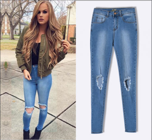Spring beggar hole personalized significant lanky waist stretch denim pants feet Slim