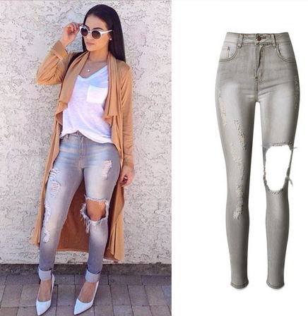 Europe and the United States high waist stretch Slim wear broken elegant gray jeans