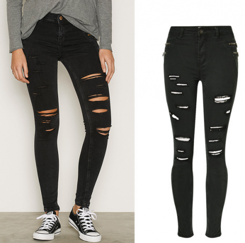 Europe and the United States selling carbon black waist elastic stretch zipper worn holes denim pants