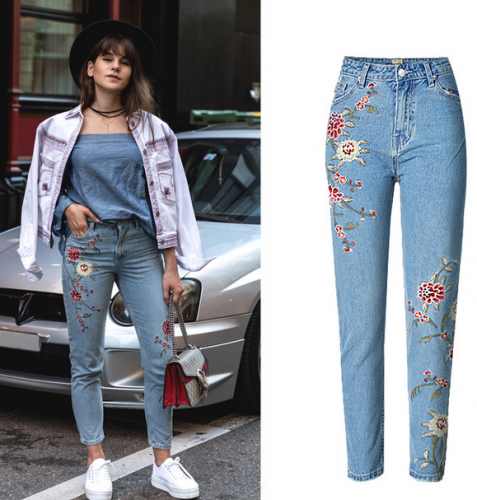 Europe and the United States before and after the high-waist embroidery Slim idyllic small fresh jeans