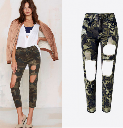 The new boyfriend wind Europe and the United States high waist loose heat wave camouflage hole nine points jeans