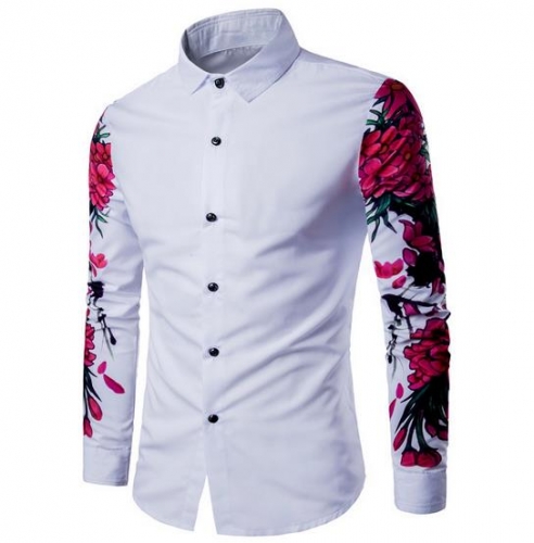 White Plus Size Men's Digital Print Plum Long Sleeve Shirt