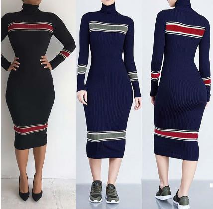 Autumn and winter long sleeves high collar sexy stripes knee dress