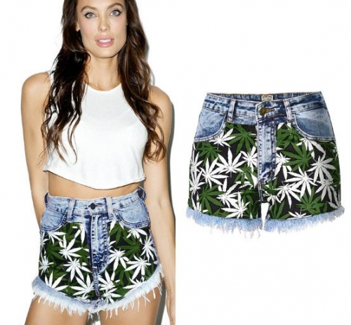 High waist elastic fresh snowflake denim shorts