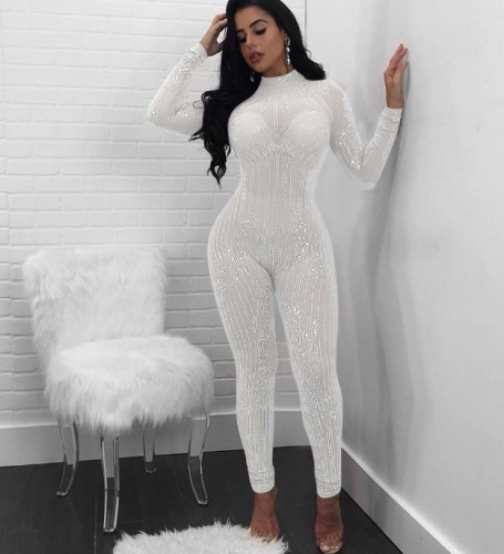 Charming Sexy fashion rhinestone new style rhinestone gauze perspective jumpsuit