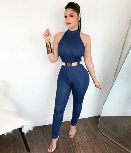 Charming-fashion denim round neck sexy sleeveless jumpsuit