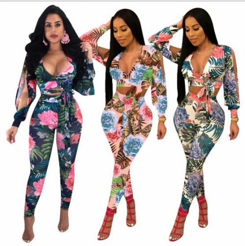 Charming Sleeve split print leisure Two pieces pants set