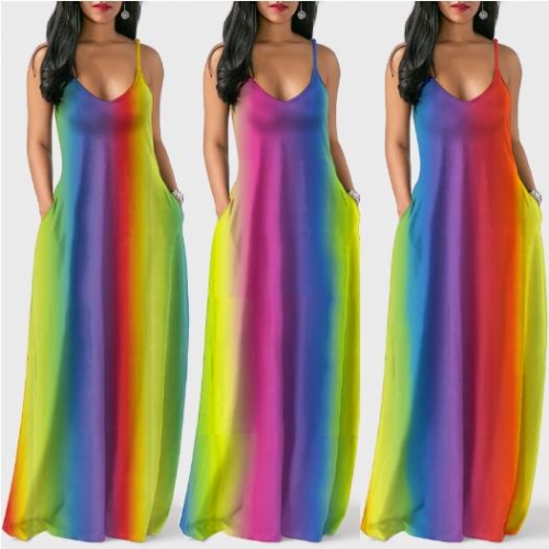 Charming Sexy V-neck sling rainbow tie-dye mopping long dress