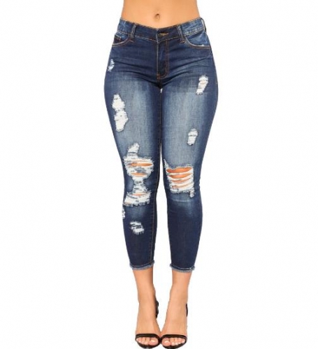 Charming Sexy Slim Hips Hole High Elastic Cropped Jeans