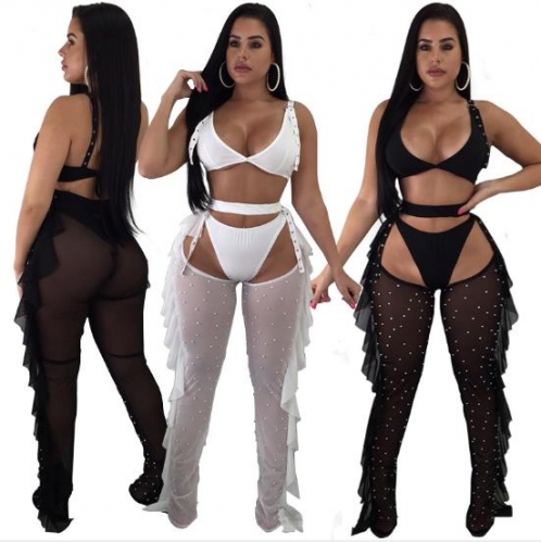 Charming Sexy mesh beaded three pieces pants set