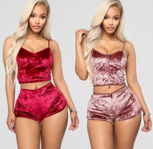 Charming Sexy Slim Velvet Lace Two pieces shorts set