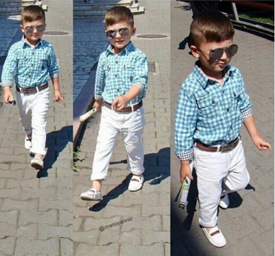 Plaid shirt + white trousers with belt set of 3