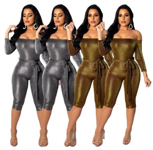 Charming Strapless slim gold and silver silk jumpsuit