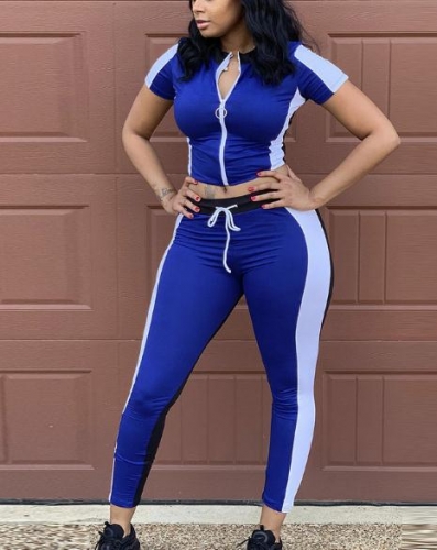 Charming Zipper umbilical contrast sports two-piece suit