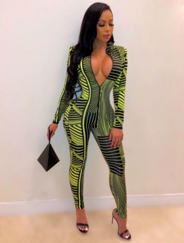 Charming Striped printed zipper jumpsuit