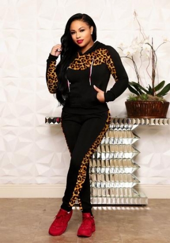 Charming Leopard stitching hooded two-piece suit