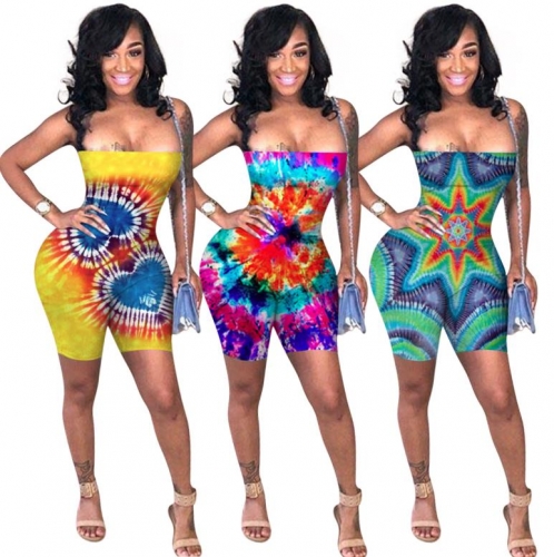 Charming Tie-dye printed suspender romper