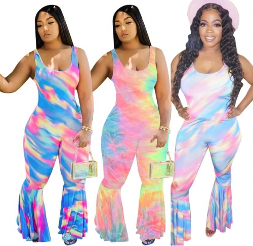 Charming Tie-dye vest flared jumpsuit