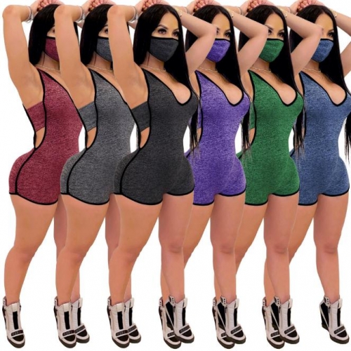 Charming Solid Color Deep V Sleeveless Sports Rompers