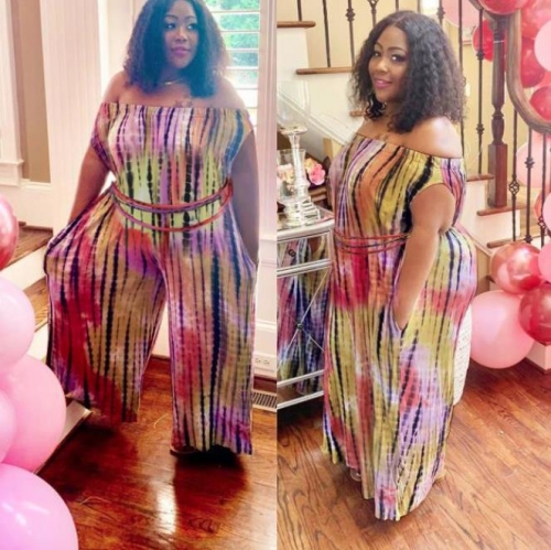 Charming  Plus size Off-the-shoulder strap rainbow stripes jumpsuit