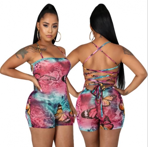 Charming Tie-dye butterfly print backless Rompers