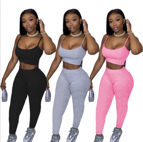 Charming Casual sports solid color sling trousers two-piece suit
