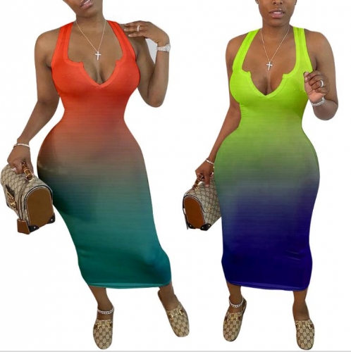 Charming Sexy tight V-neck gradient dress