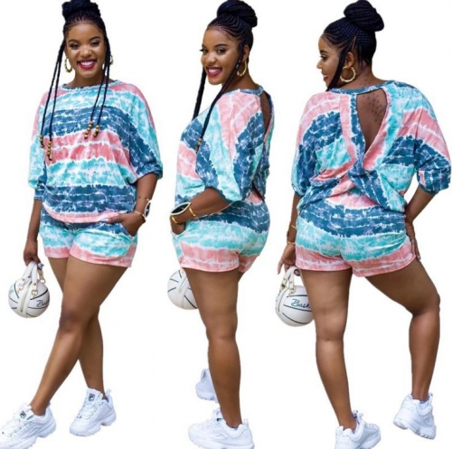 Charming Open back tie-dye bat sleeve shorts set