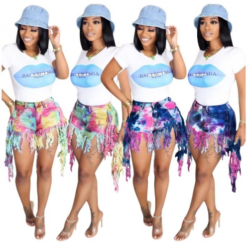 Charming Tie-dye printed fringed brushed denim shorts