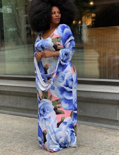 Charming Plus Size V-neck loose printed maxi  dress