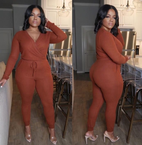 Charming Plus Size Dark brown V-neck jumpsuit