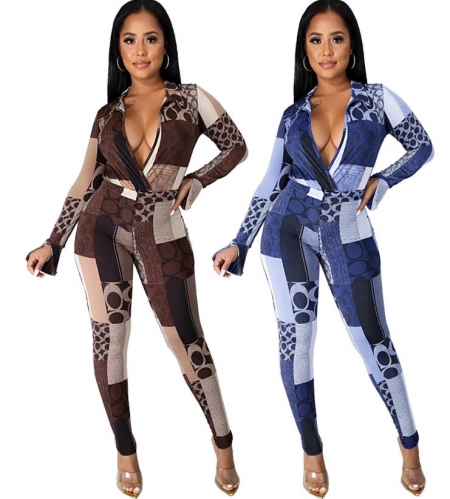 Charming Fashion geometric print split flared sleeve two-piece suit