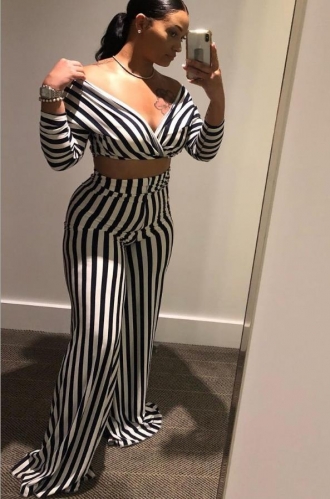 Charming Casual striped wide-leg two-piece pants suit