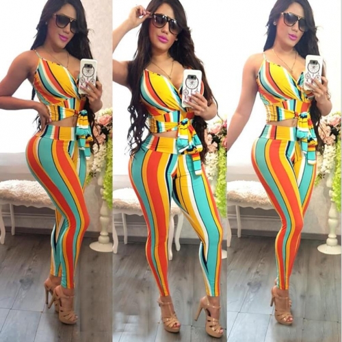 Charming Casual striped printed multicolor two-piece pants suit