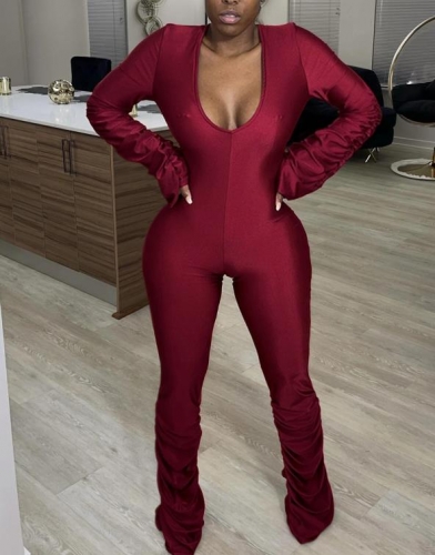 Charming Sexy pleated U-neck long-sleeved skinny jumpsuit