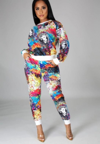 Charming Casual O-neck printed two-piece pants suit