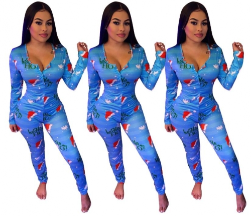 Charming Trendy V-neck Printed Home Blue Jumpsuit