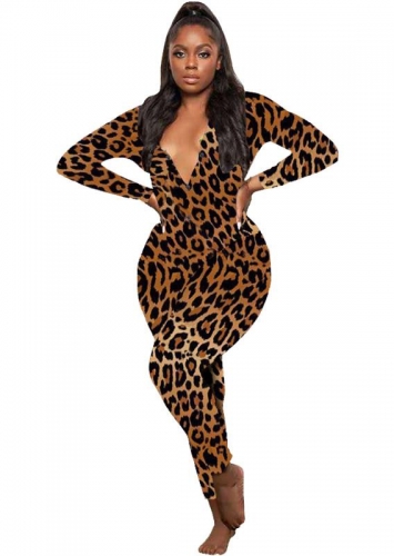 Charming Casual leopard print long-sleeved home jumpsuit