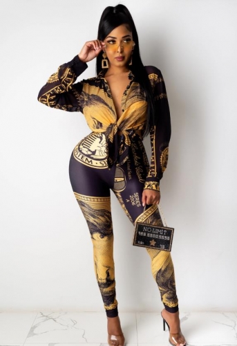 Charming Casual turn-down collar printed two-piece pants suit