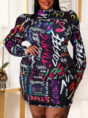 Charming Casual Turtleneck Graffiti Letter Print Multicolor Plus Size Mini Dress