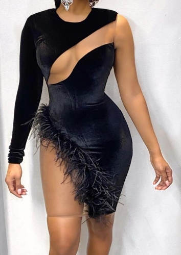 Charming Sexy Feather Mesh Stitching Irregular Dress