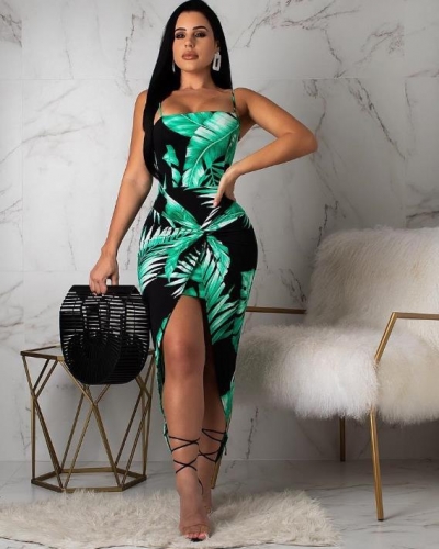 Charming Sexy print suspender green dress